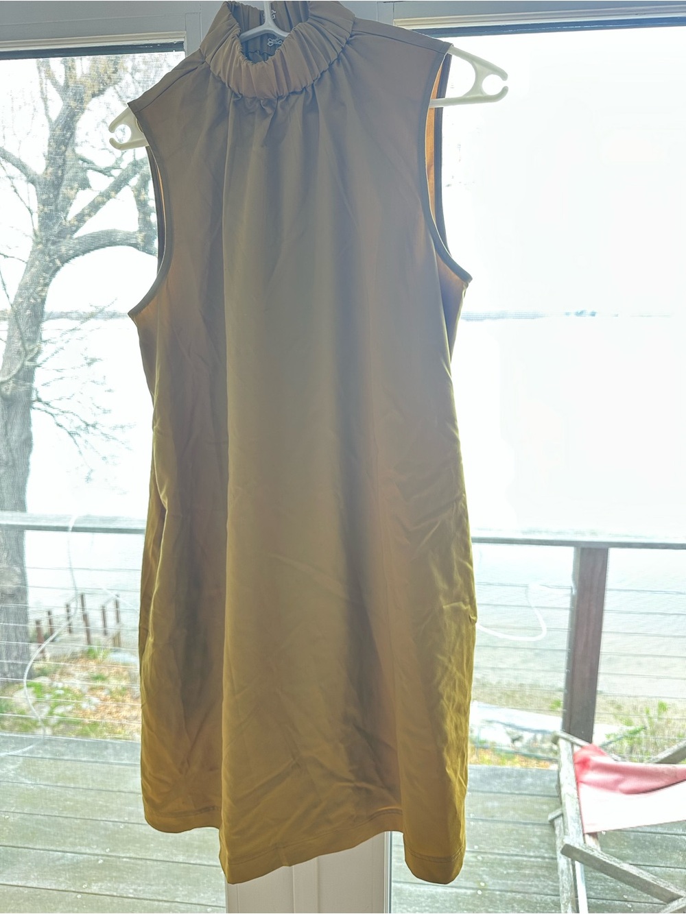 Sleeveless Ruffled Neck Shift Dress in Mustard